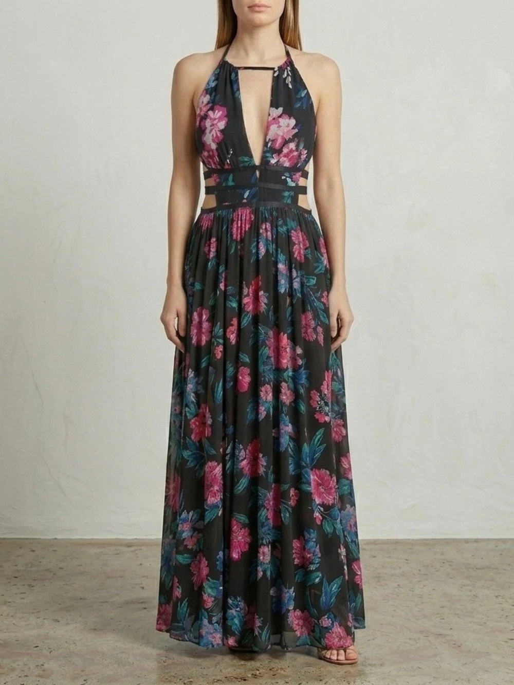 Express Cut Out Halter Maxi Dress with Pink and Green Floral Print